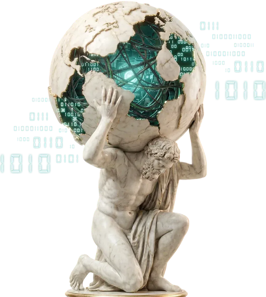 Atlas carregando um globo terrestre coberto de código binário — metáfora da Olympio Solution: peso técnico aliado a engenharia atemporal.